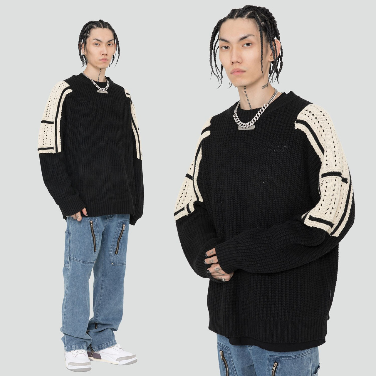 Patch-Knit Crewneck Sweater